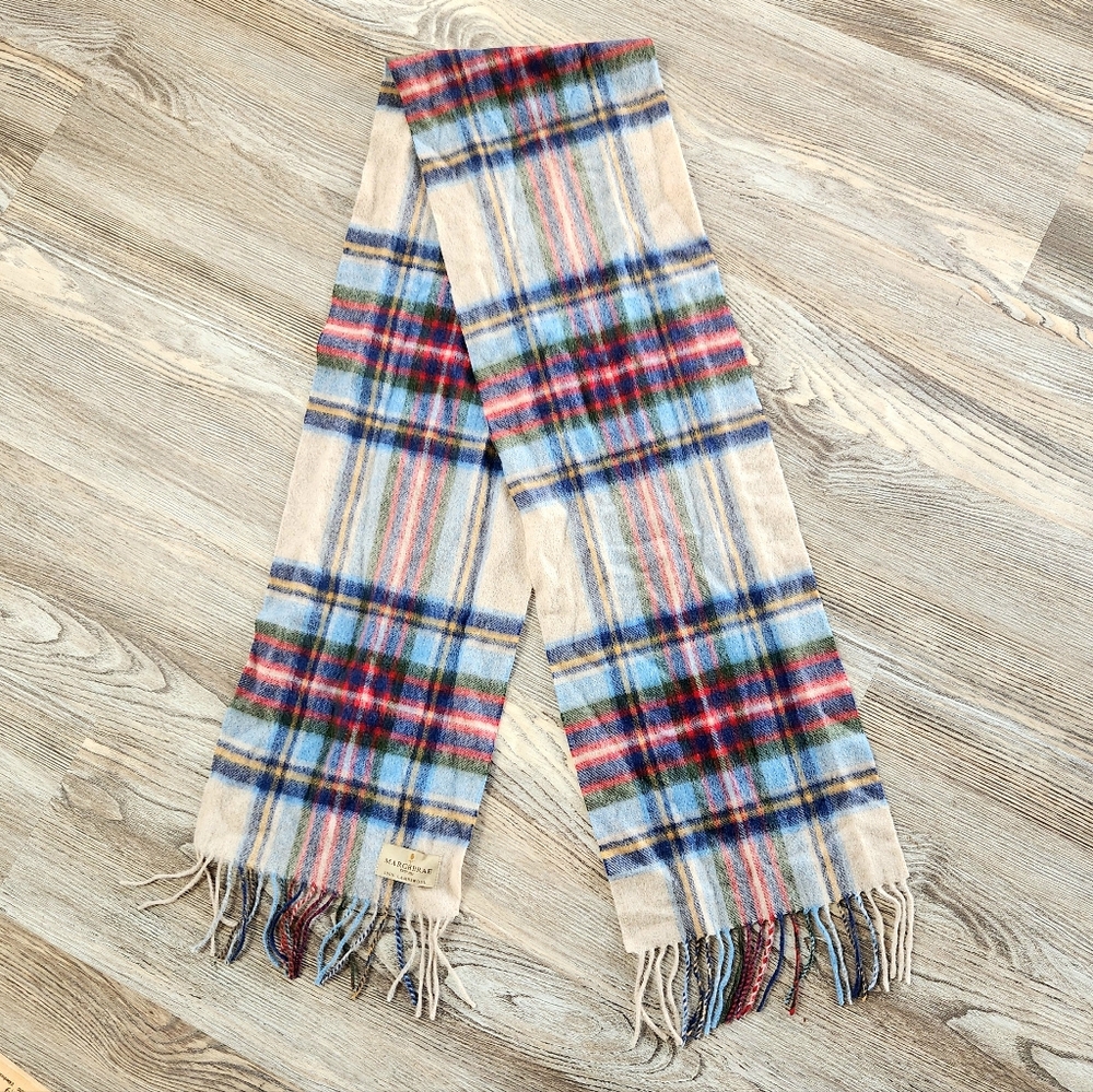 Marchbrae Lambswool Tartan Plaid Scarf 66 x 9.5 Inch Beige Blue Red Scotland